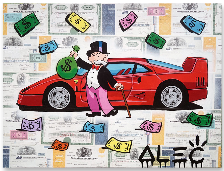 Monopoly Pink Pants Cane, $ Bag in Front of Italian Car